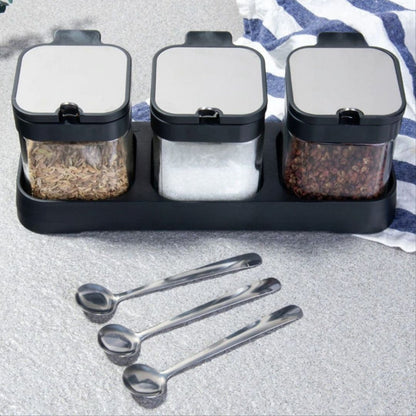 Stainless Steel Glass Seasoning Jar 3-Piece Set